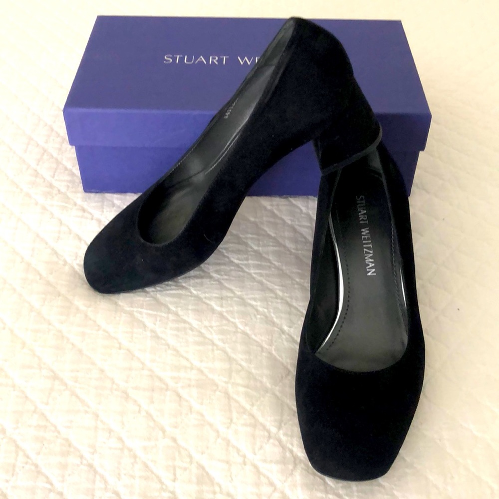 NIB Stuart Weitzman MaryMid Black Suede block heal pump sz9